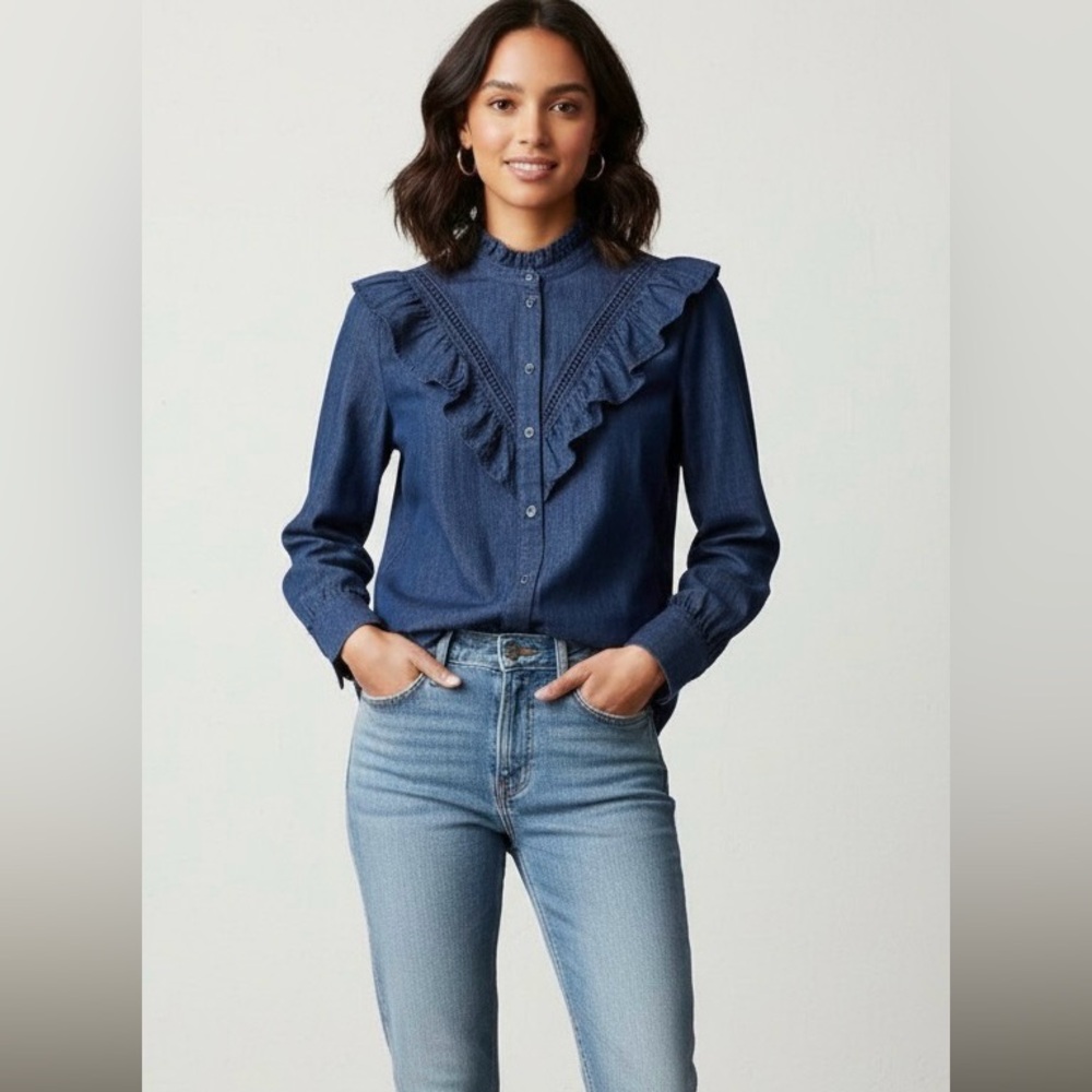 Kate Spade, dark blue, ruched,long-sleeved, denim shirt,beautifully decorated,XS